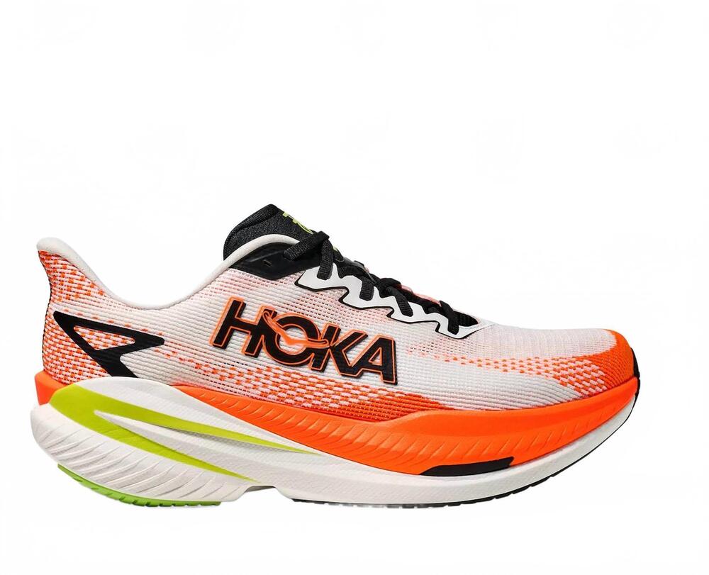 NEW HOKA men's mach x 3 running shoes in white / neon tangerine